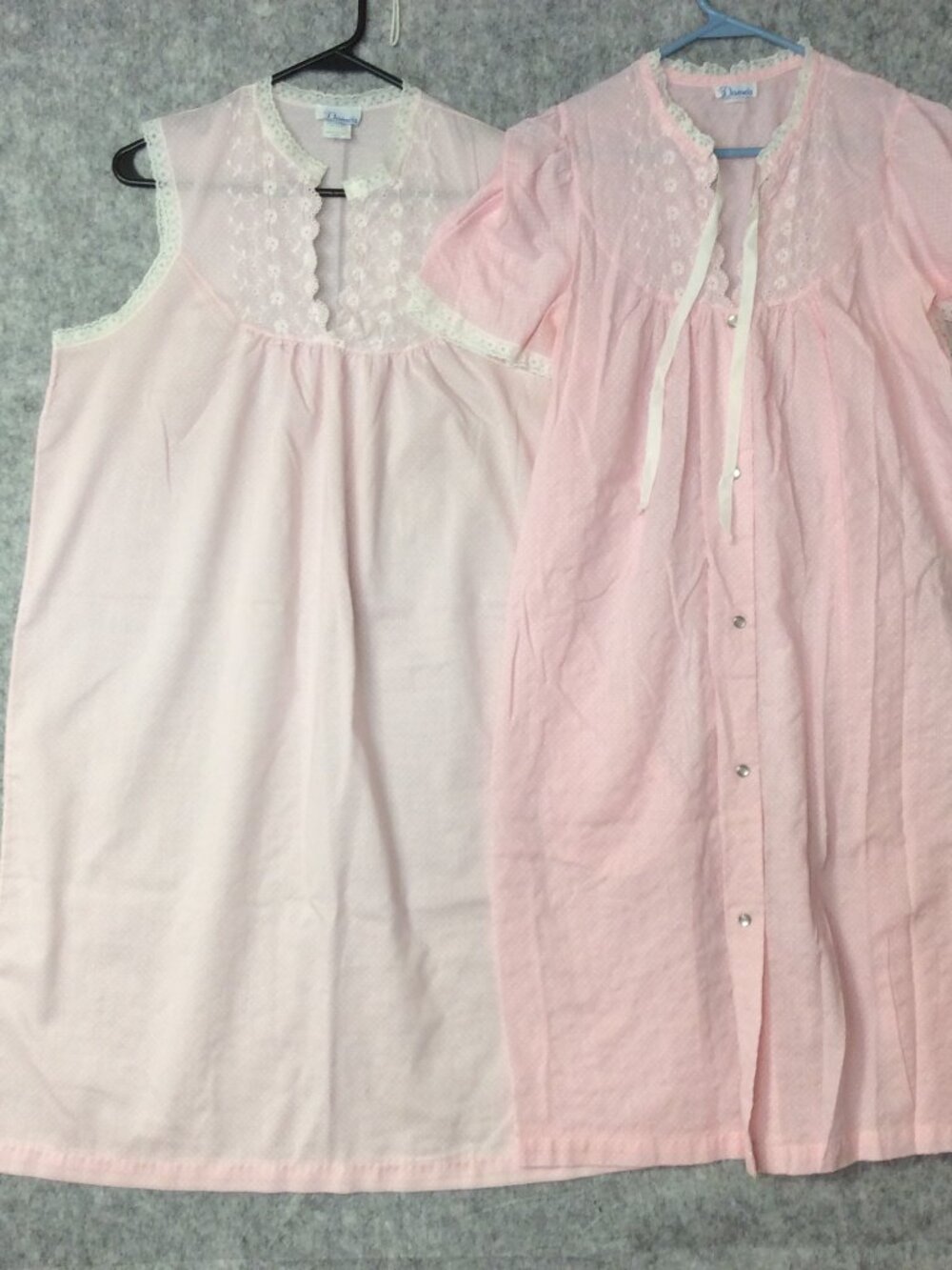 Vtg Damea Women's Nightgown Housecoat 2 Pc Set Pink Dots Floral Lace Sz Large